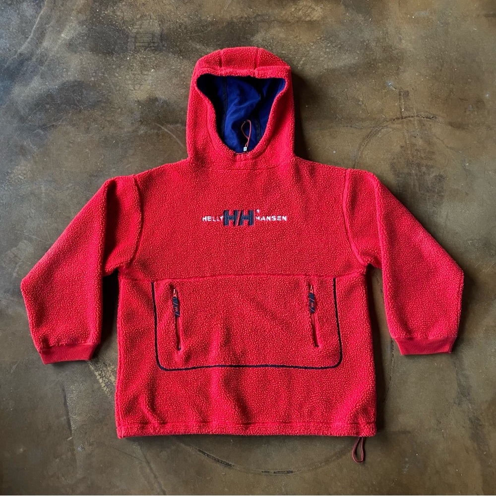 VTG 90s Helly Hansen Red Oversized Baggy Fleece Anorak Hooded Boxy Pullover